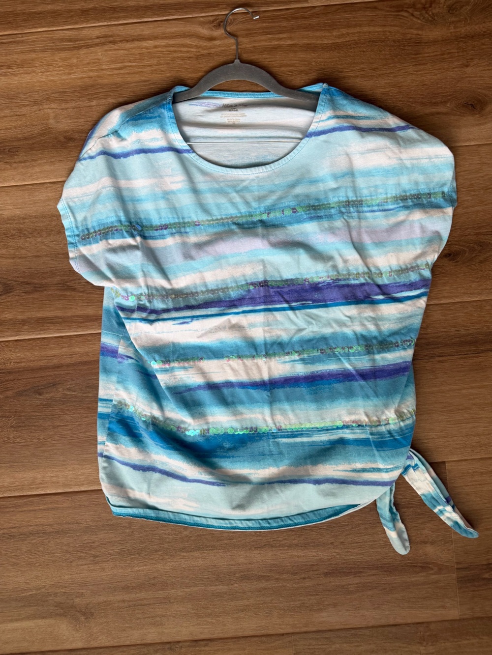 White Stag Blue & Teal Striped Short Sleeve Tee with Side Tie